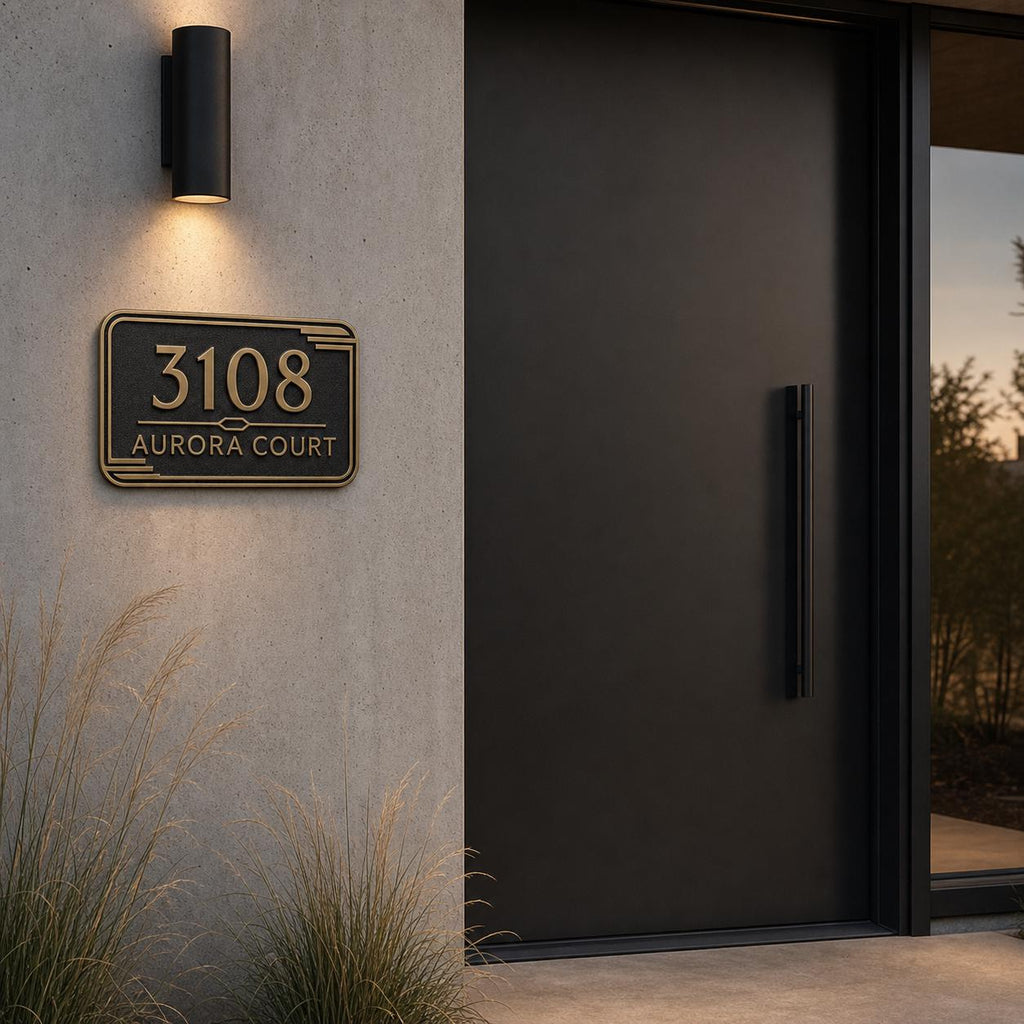 Personalized Address Plaque – Antique Brass Streamline Moderne