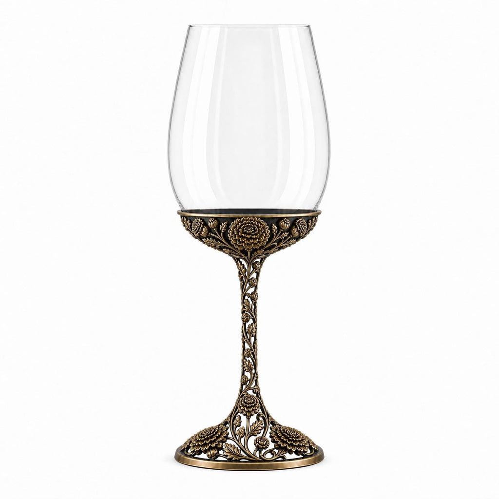 November Chrysanthemum Wine Glass, Personalised Birth Flower, Openwork Brass Stem, Custom Etched Gift