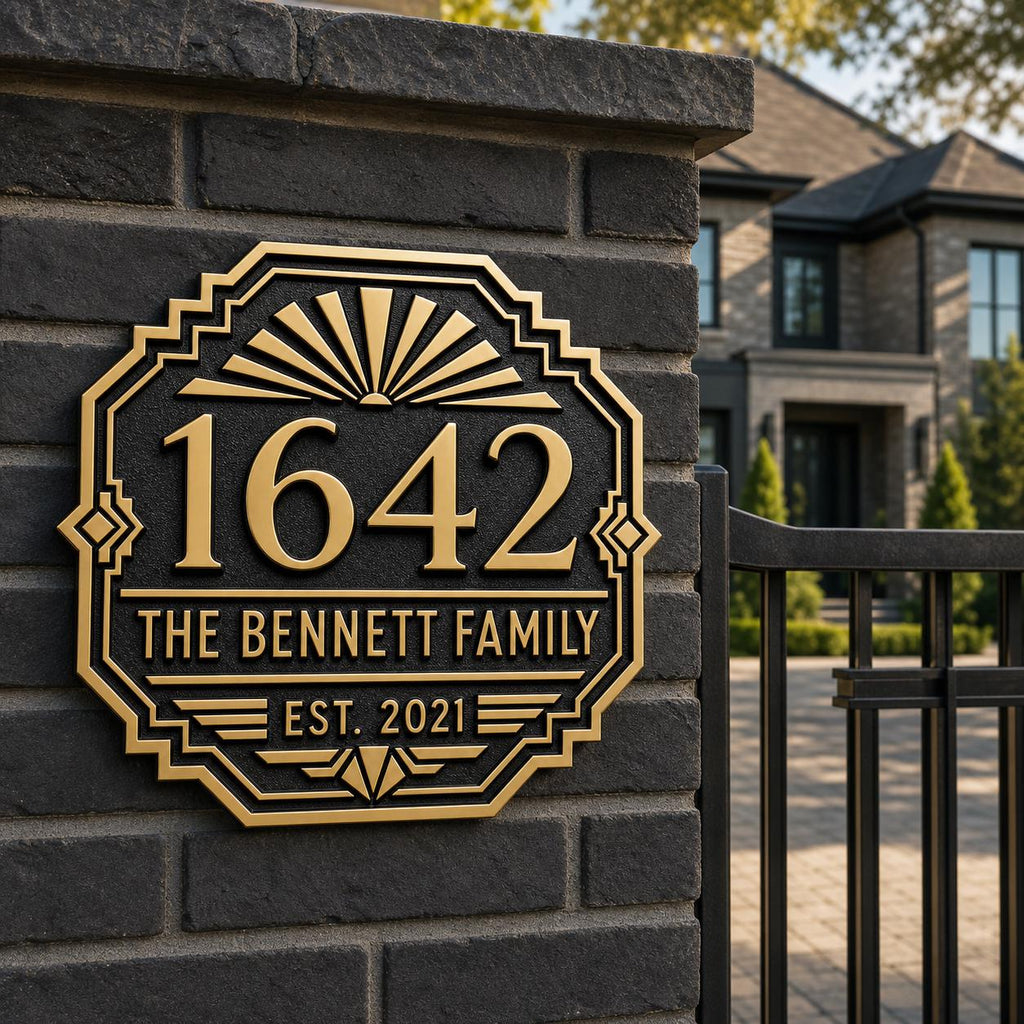 Personalized Address Plaque – Antique Brass Art Deco Sunburst