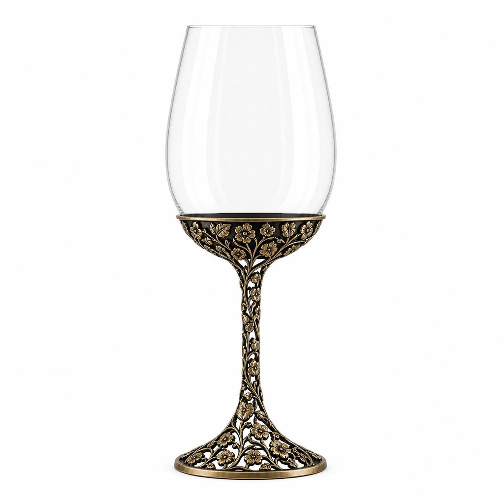 February Violet Wine Glass, Openwork Brass Stem, Custom Etched Gift