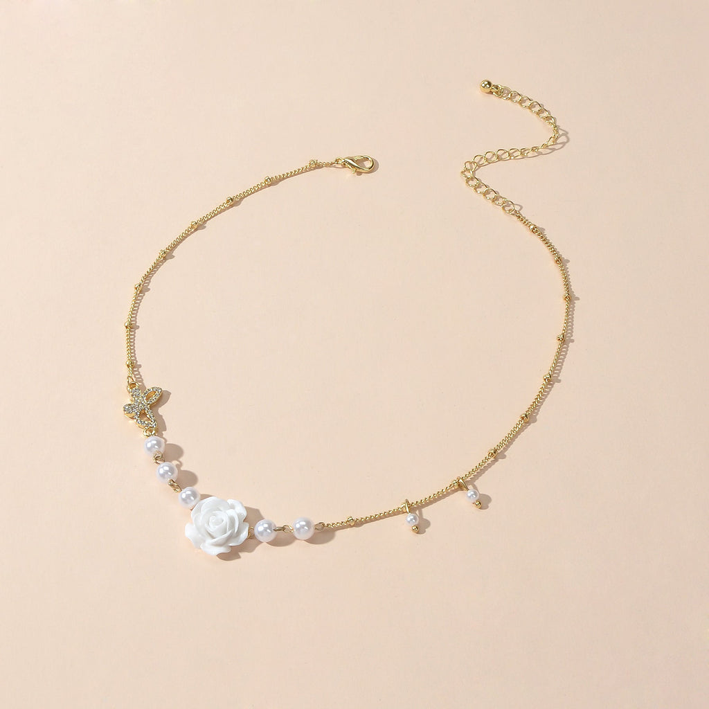 Textured Wedding Pearl Beads Gold Chain Butterly White Flower Collar Necklace