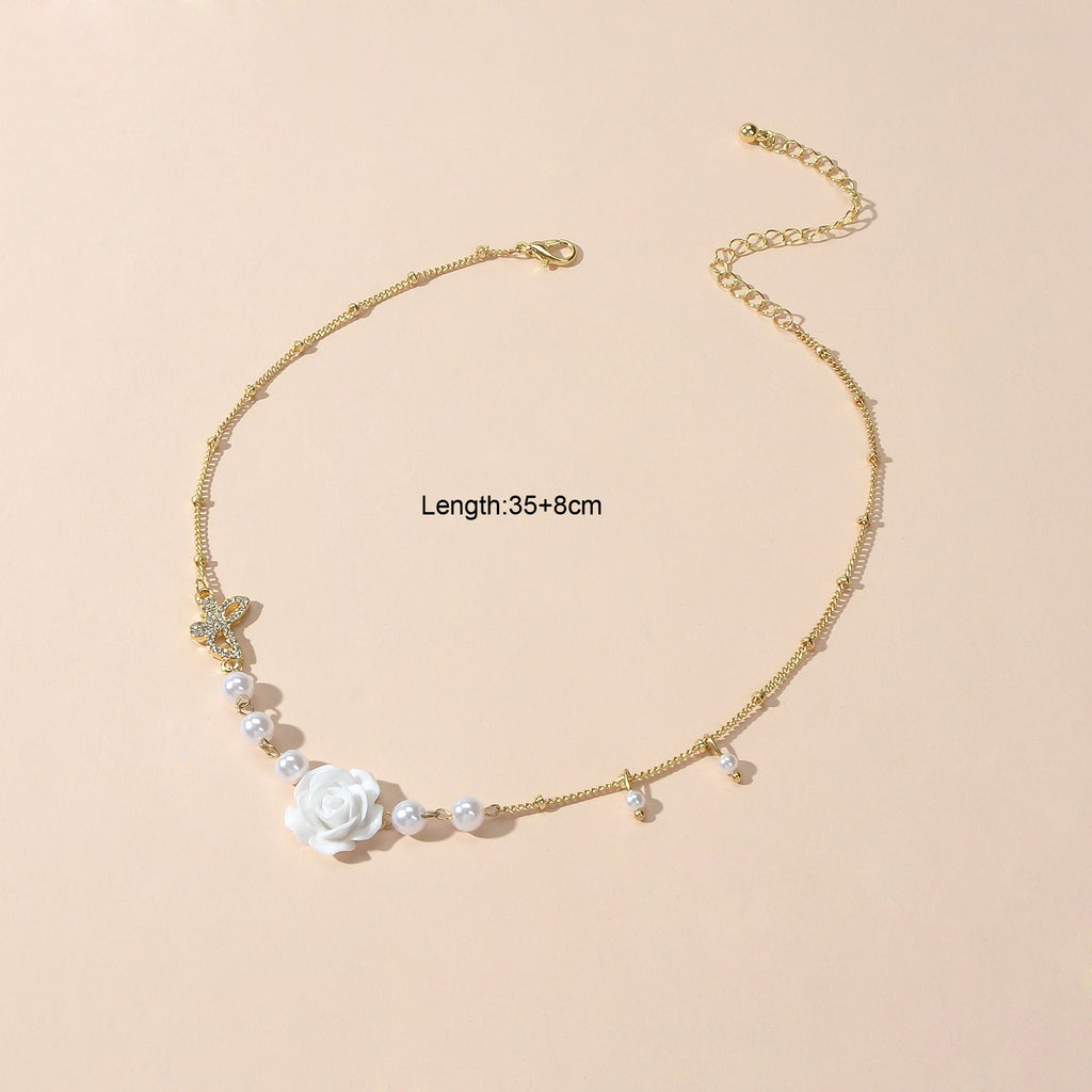 Textured Wedding Pearl Beads Gold Chain Butterly White Flower Collar Necklace