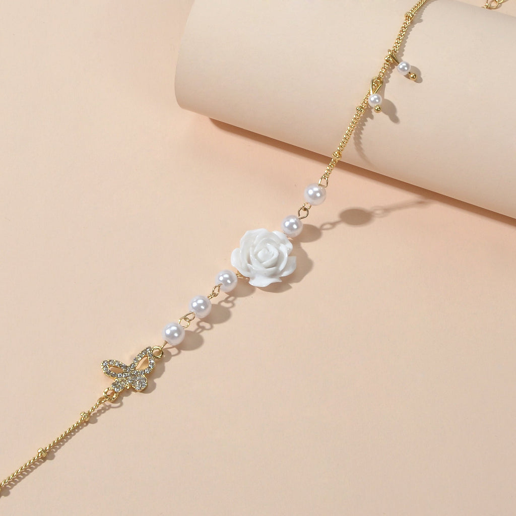Textured Wedding Pearl Beads Gold Chain Butterly White Flower Collar Necklace