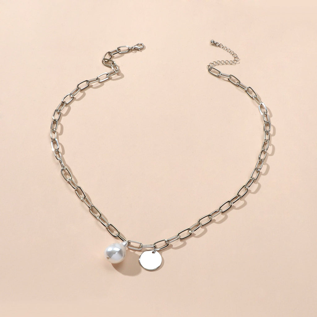 Trendy Jewelry Silver Chain Pearl Disc Charm Necklace Party Decoration for Women