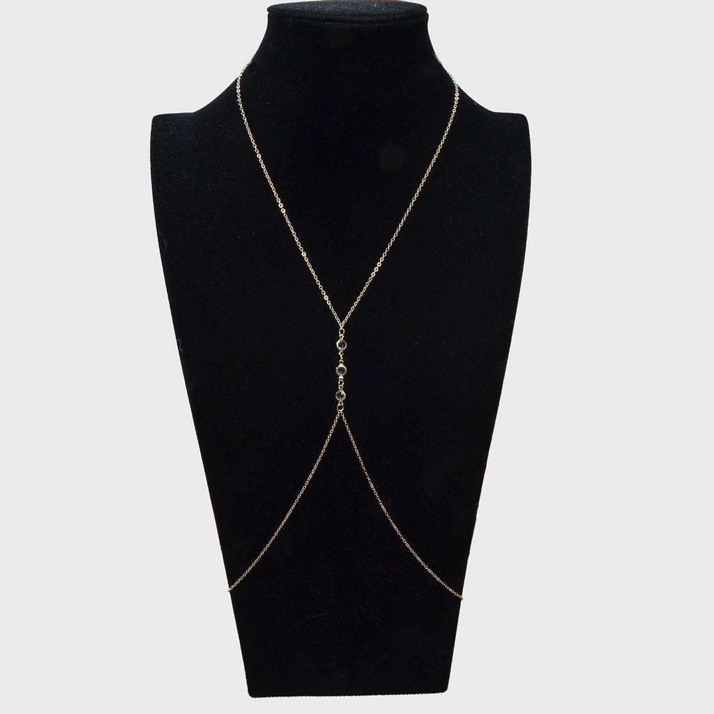 Gold-tone layered body chain harness with Y-shape drape and dangling charms
