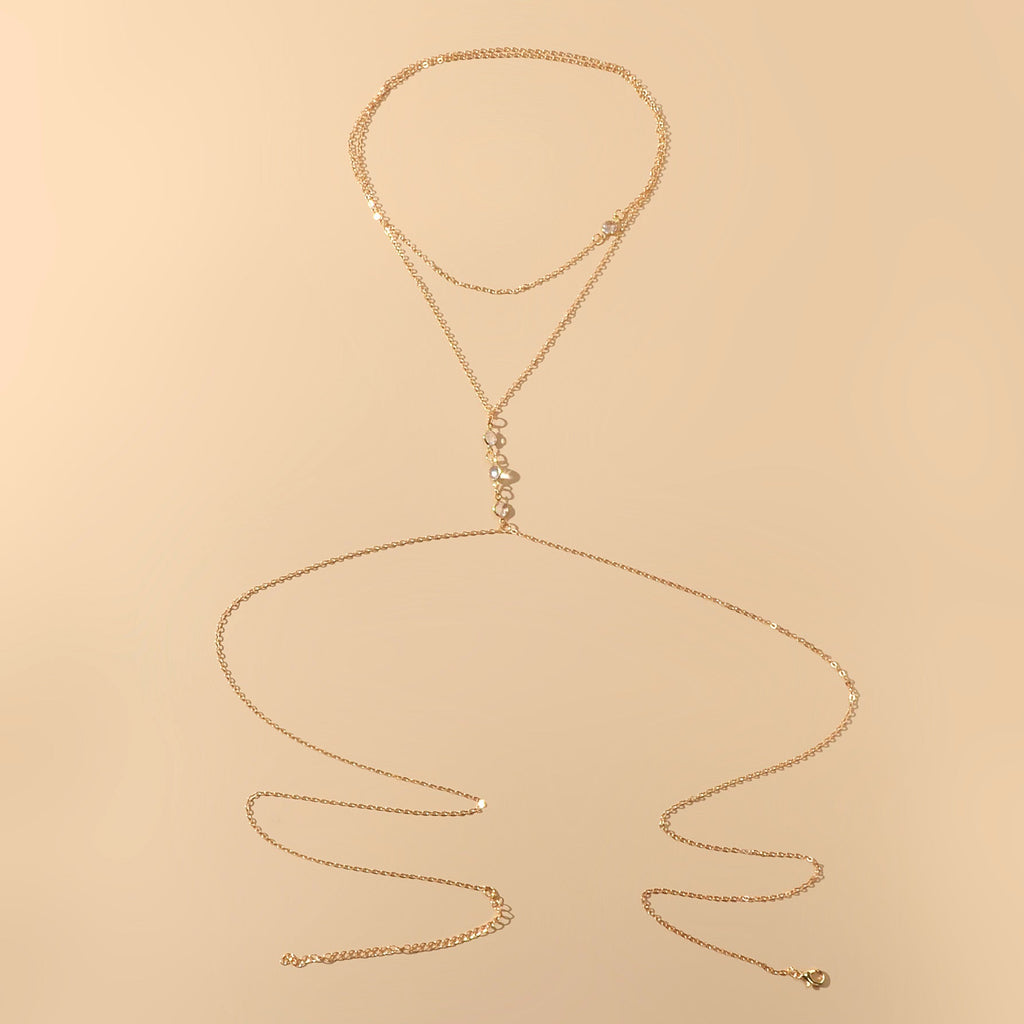 Gold-tone bikini body chain harness with long pendant and open front