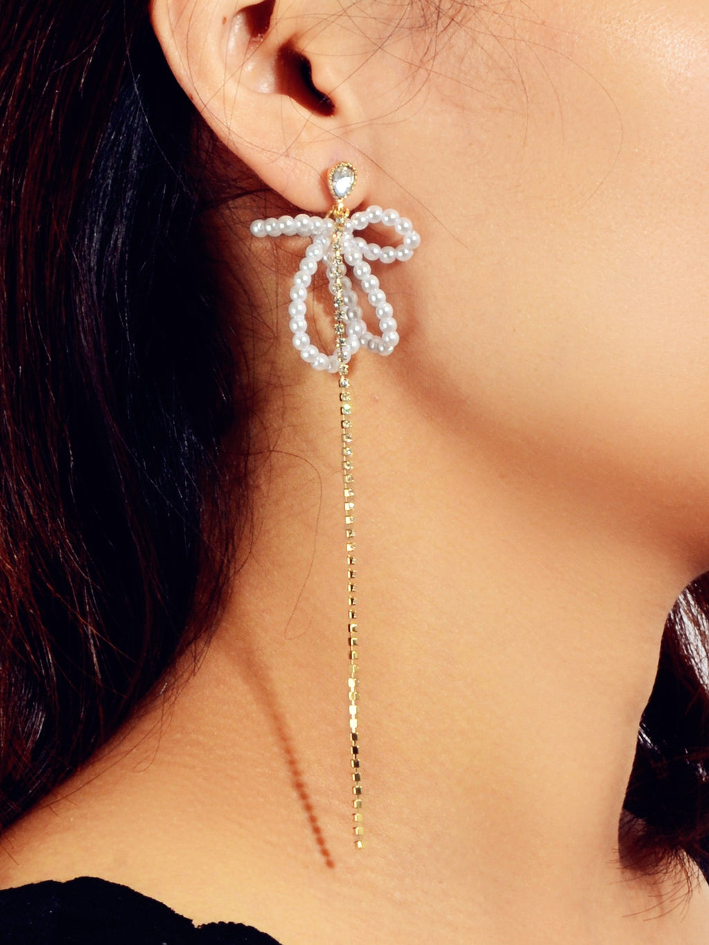 Sweet Pearl Beads Flower Rhinestone Long Gold Chain Asymmetric Pendant Earrings