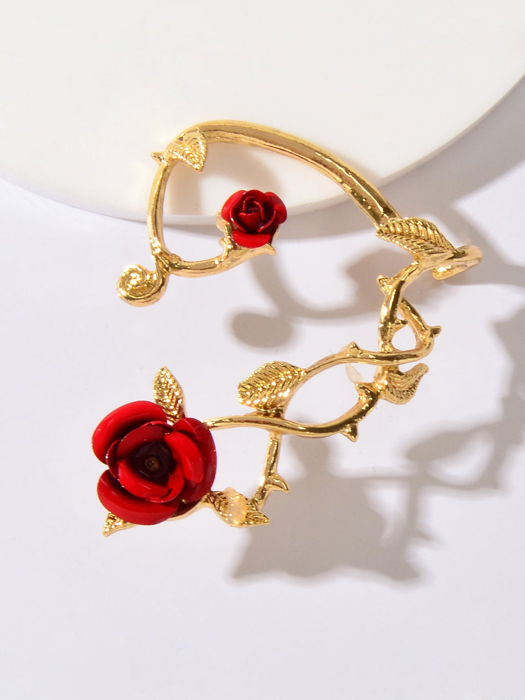 Gold-tone rose ear climber cuff wrap with red flowers, bird and leaf details