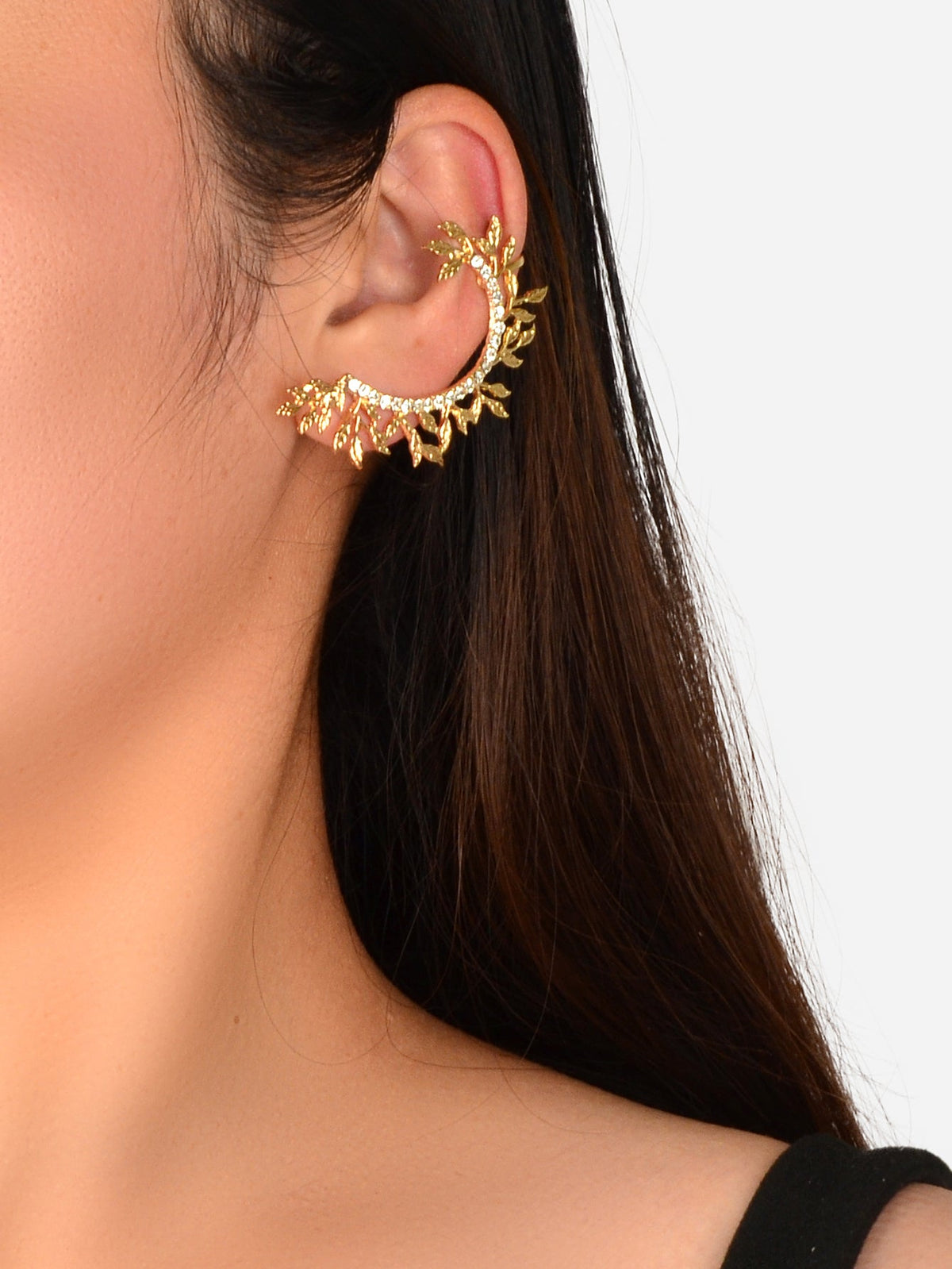 1 pc Rhinestone Decor Leaf Design Wrap Around Clip Earrings Cartilage Ear Cuff