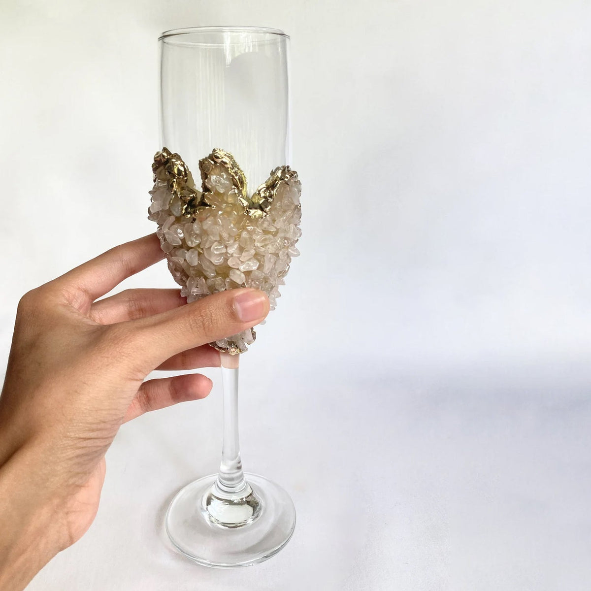 Crystal Champagne Glasses with Rose Quartz Agate – Set of 1 or 2, 7 oz