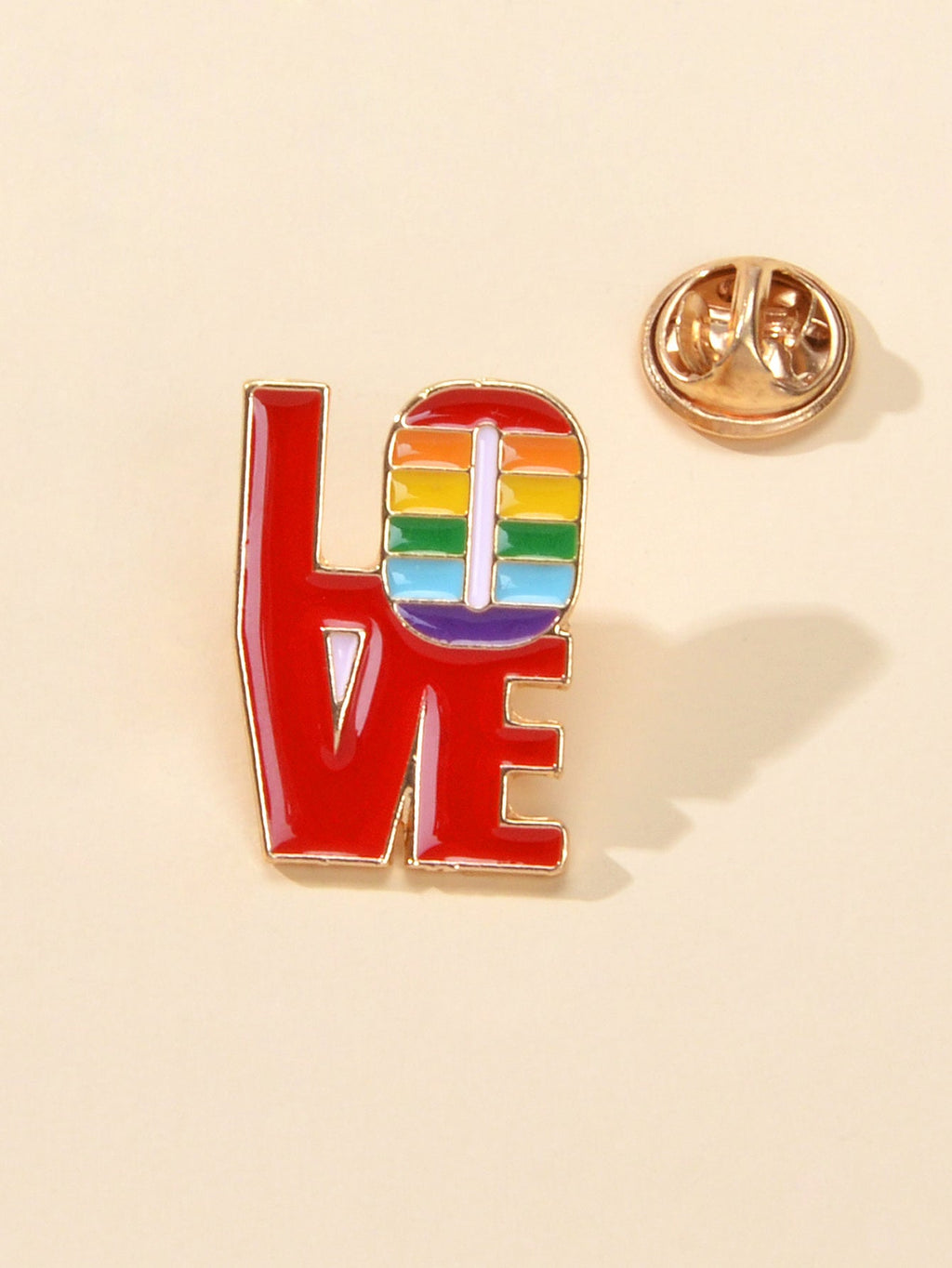 Red and rainbow enamel LOVE letter brooch pin with gold-tone back