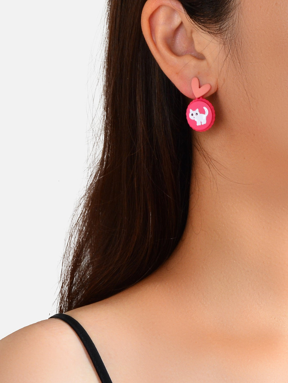 Cute Funny Hotpink Heart Cat Capsule Stud Earrings Y2k Style Girl Jewellery Gift