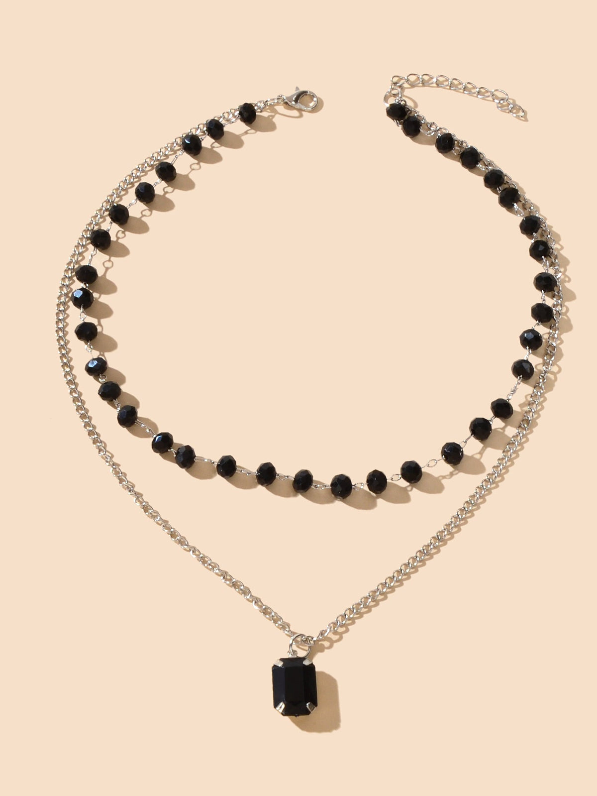 Silver Link Chain Black Beads Layering Personalized Square Charm Necklace Gift