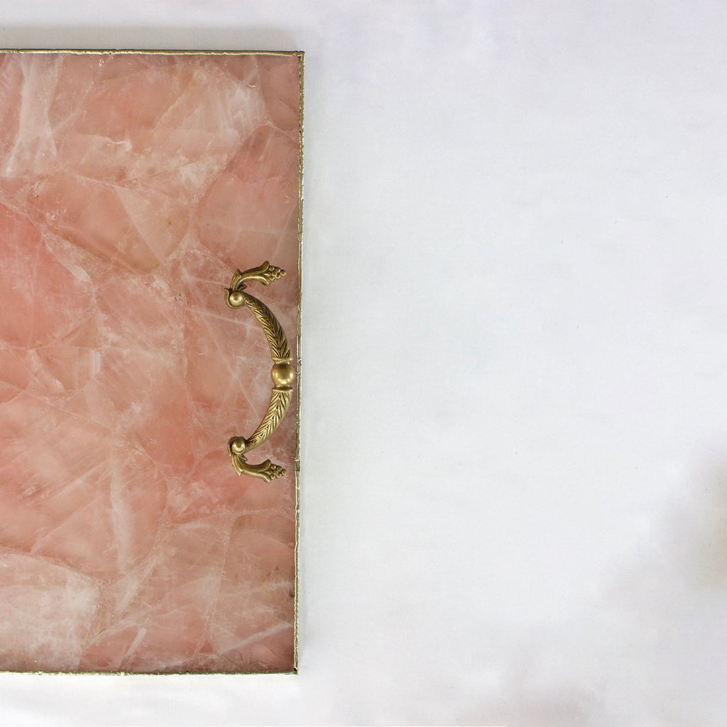 Rose Quartz Square Serving Tray with Brass Handles