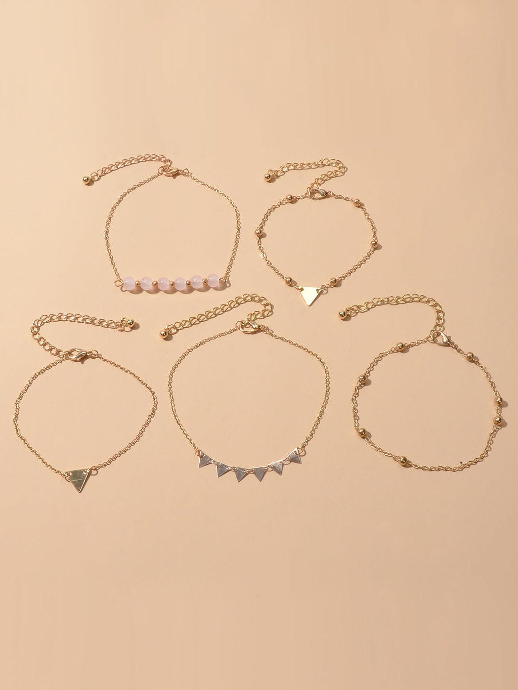 5pcs Gold Color Chain Pink Beads Triangle Decor Bracelet set Boho Chic Jewellery