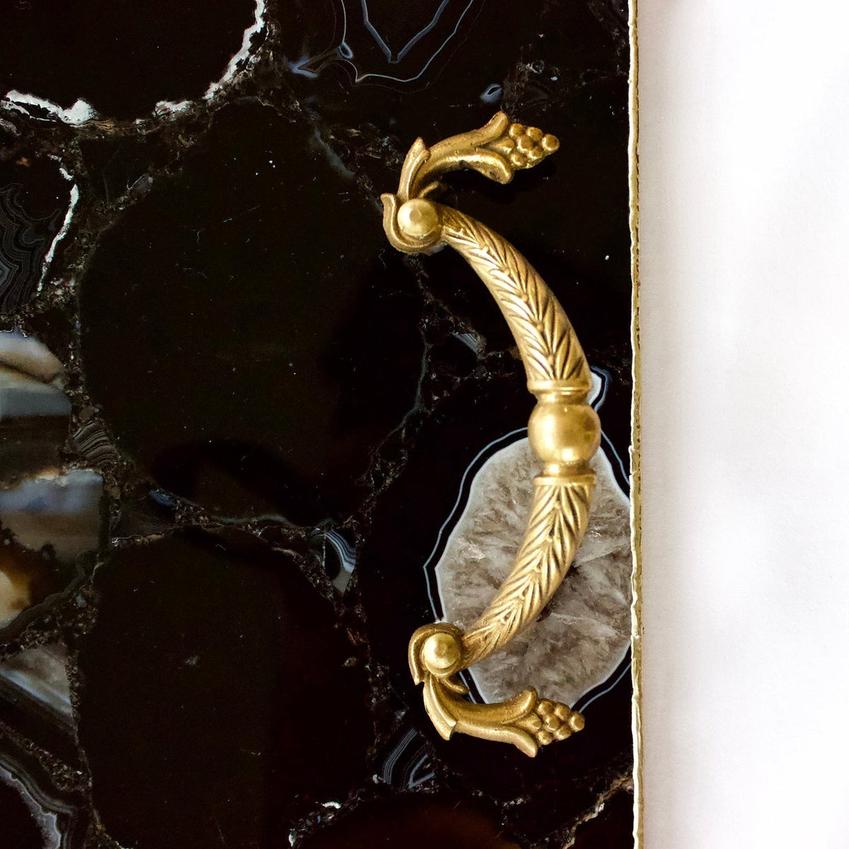 Black Agate Square Serving Tray with Brass Handles