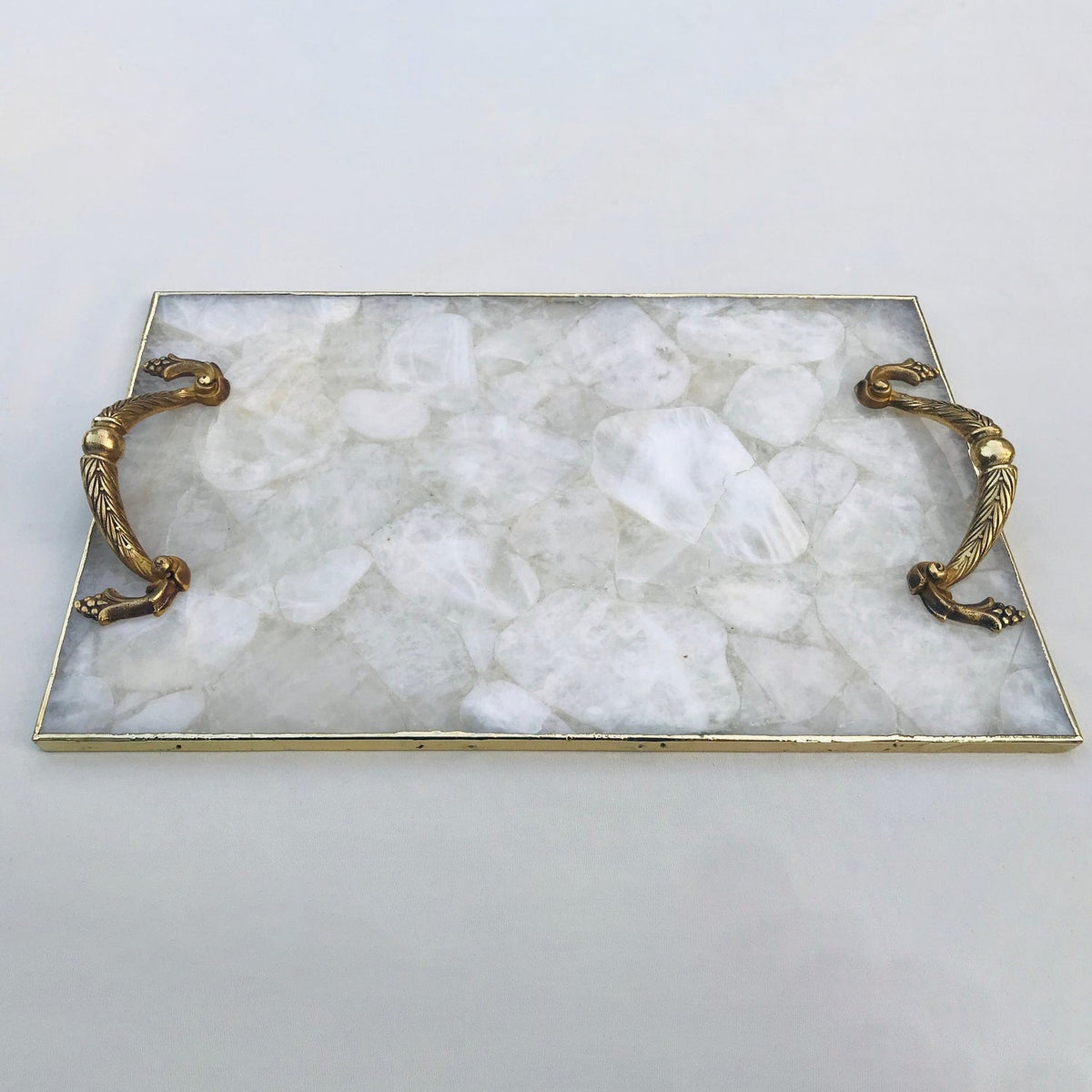 White Agate Serving Tray with Brass Handles