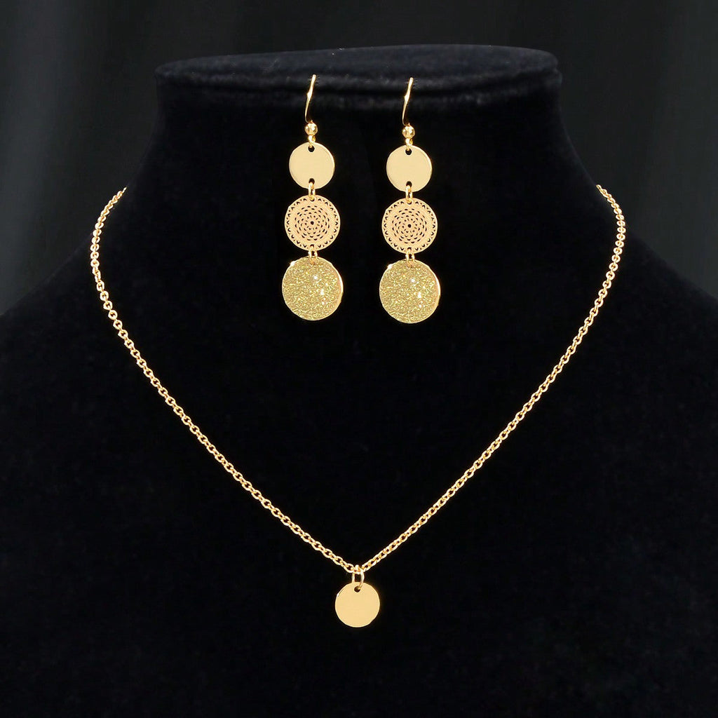 Gold Small Disc Pendant Necklace and Earring Set - Elegant Jewelry Ensemble