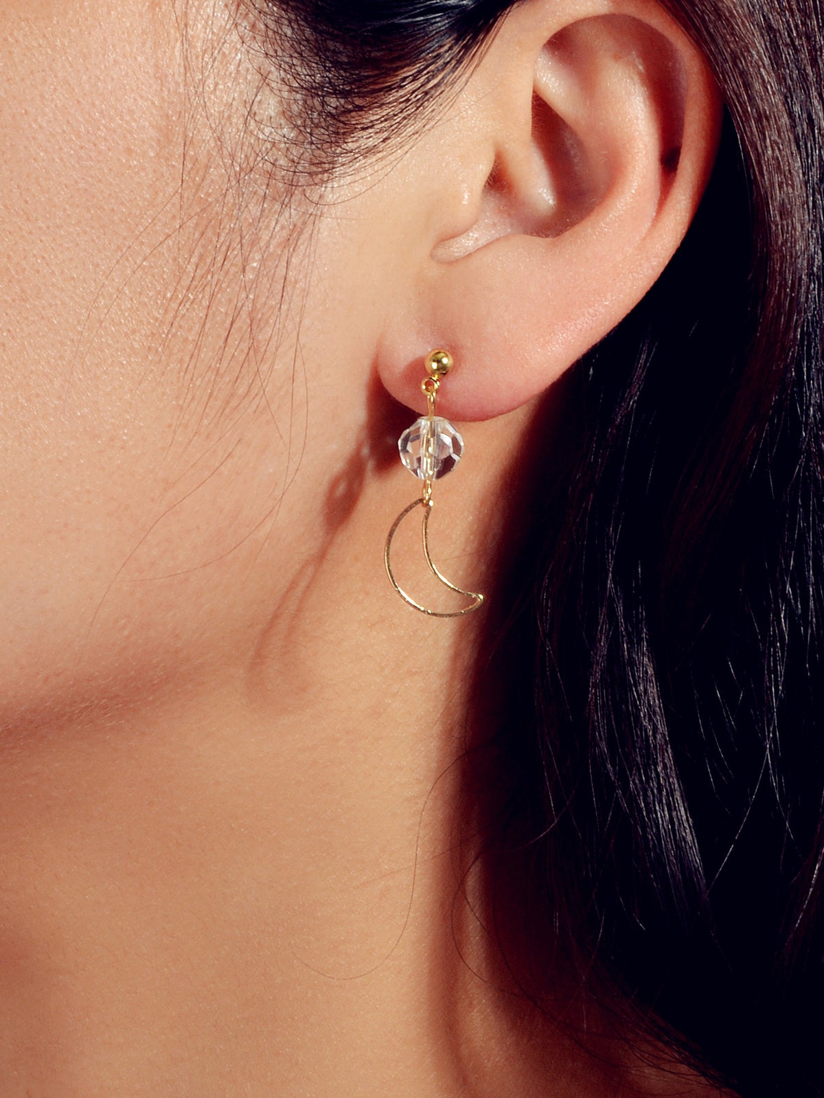 Minimalist Gold Metal Moon Star Transparent Beads Asymmetric Pierced Earrings