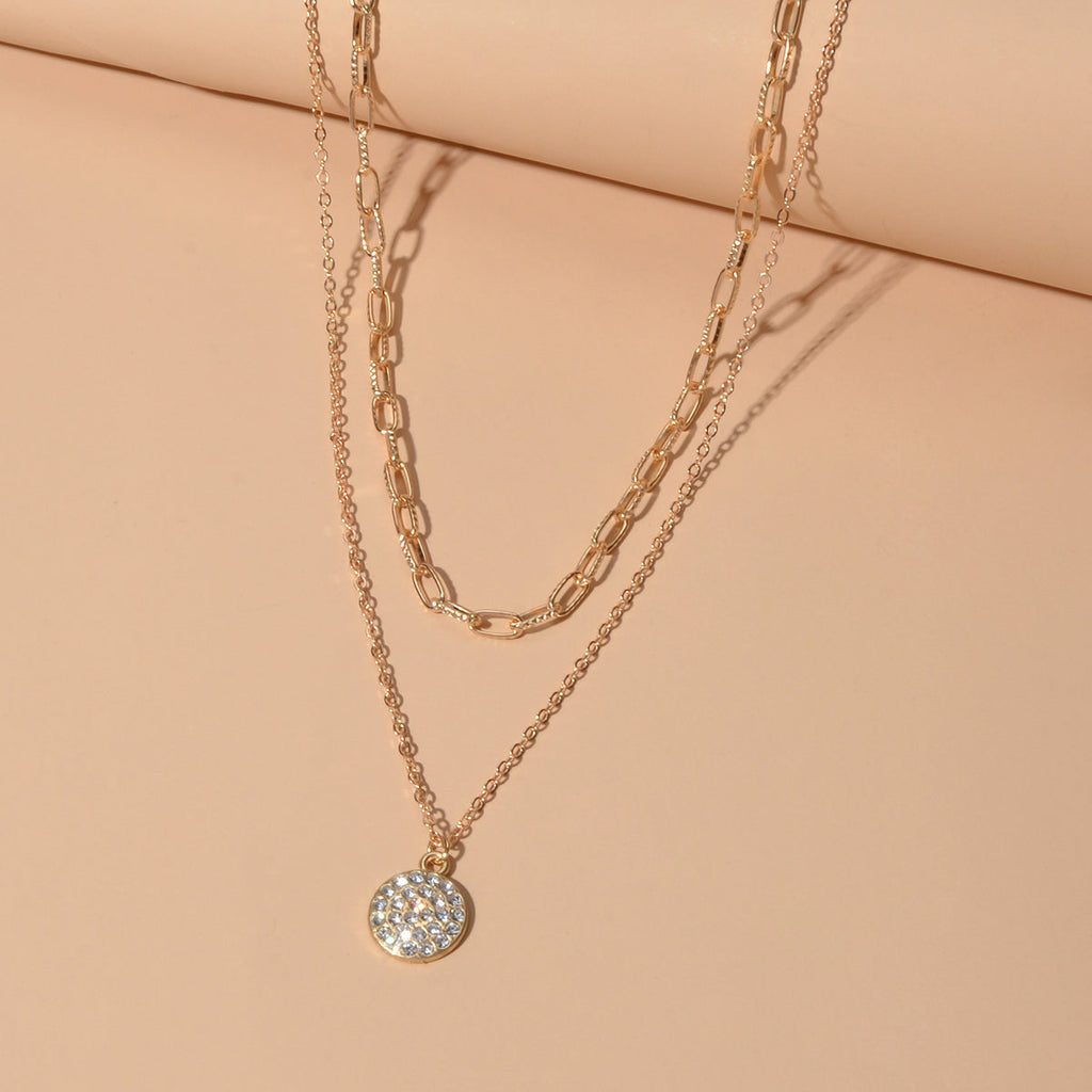 Female Jewellery Double layer Paperclip Gold Silver Chain Round Pendant Necklace