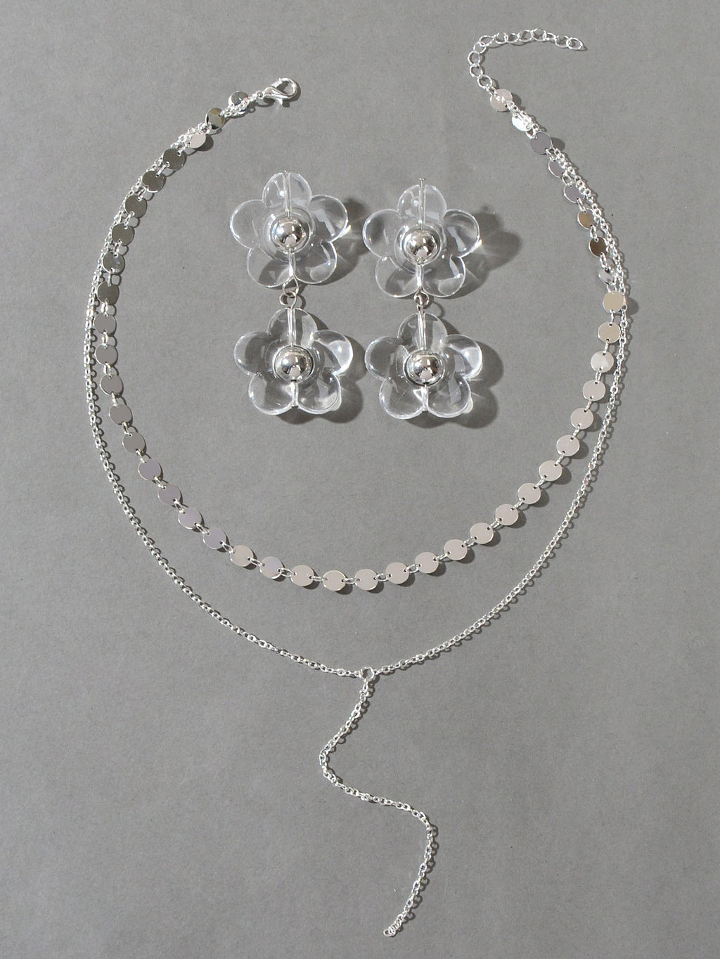 Multi-Layer Tassel Necklace Large Transparent Flower Stud Earrings Jewellery Set
