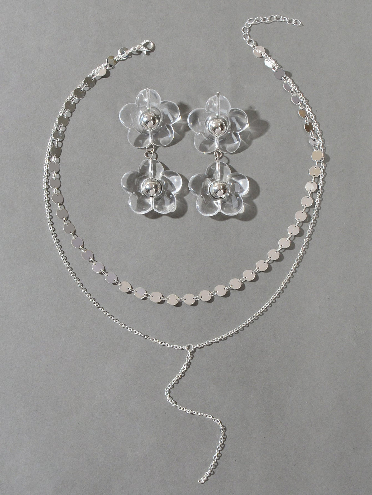 Multi-Layer Tassel Necklace Large Transparent Flower Stud Earrings Jewellery Set