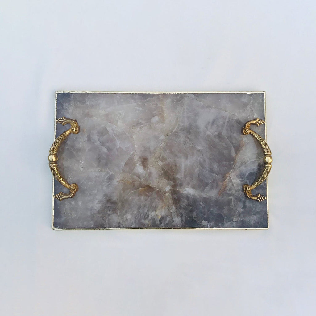 Smoky Quartz Serving Tray with Brass Handles-2