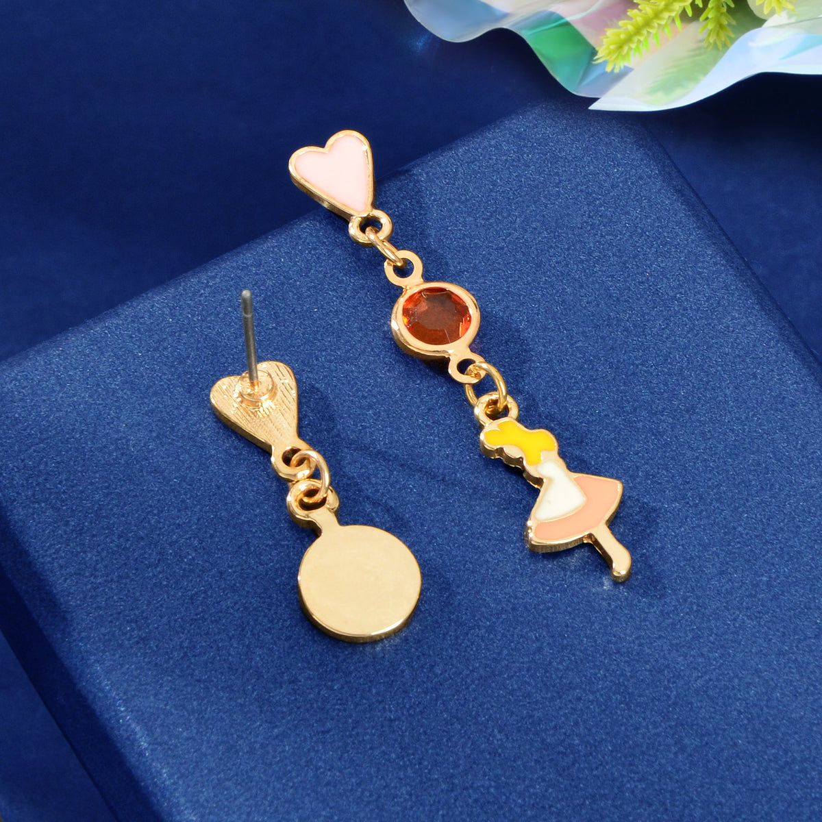 Cartoon Pink Heart Clock Dancer Asymmetric Drop Earrings Women Girls Dainty Gift