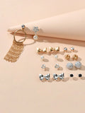 9 pairs Bowknot Rhinestone Pearl Stud Flower Tassel Chain Dangle Earrings Gift