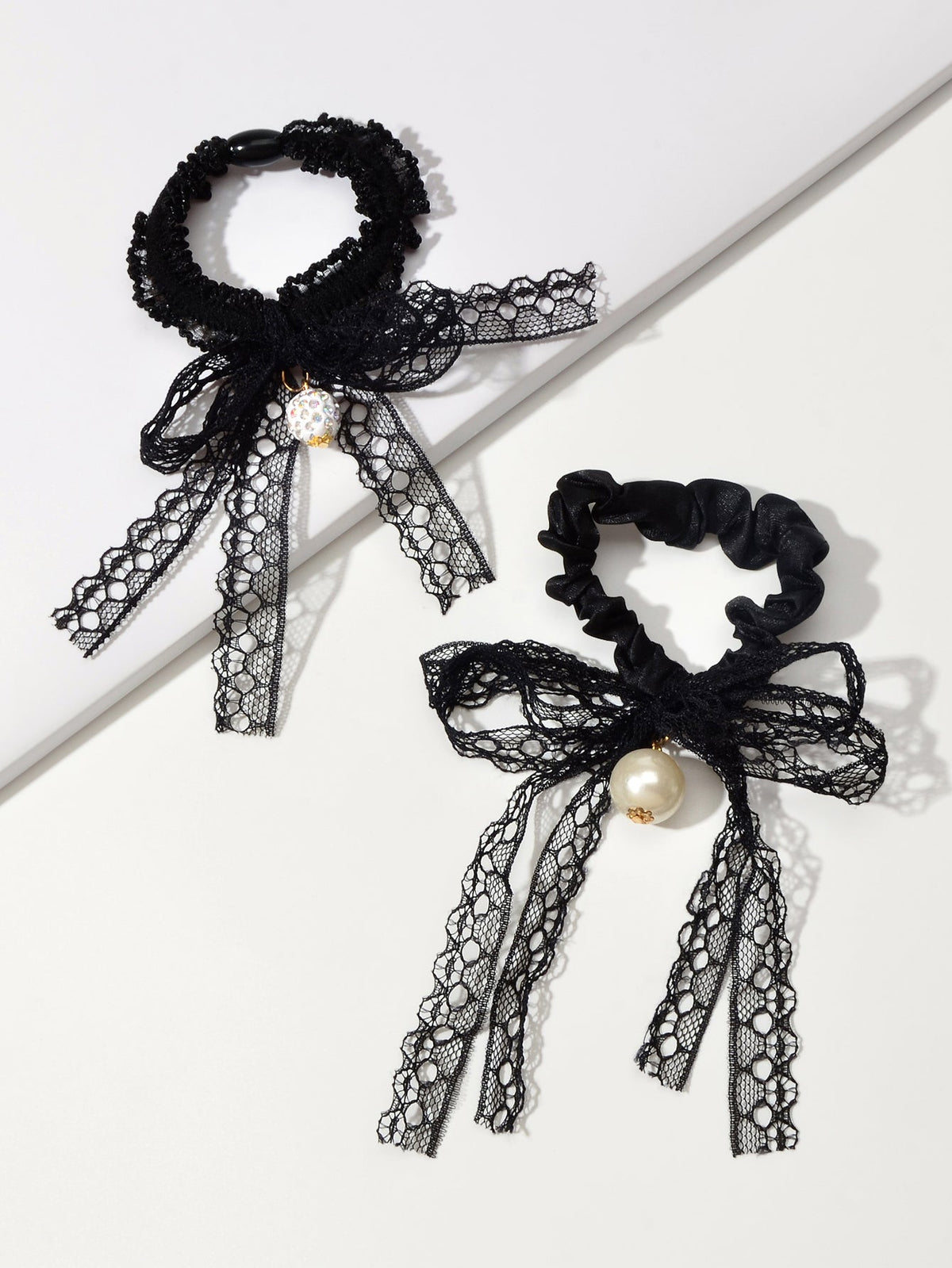 2pcs Black Lace Bead Elastic Bowknot Hair Ties Ropes Women Girl Hair Accessories