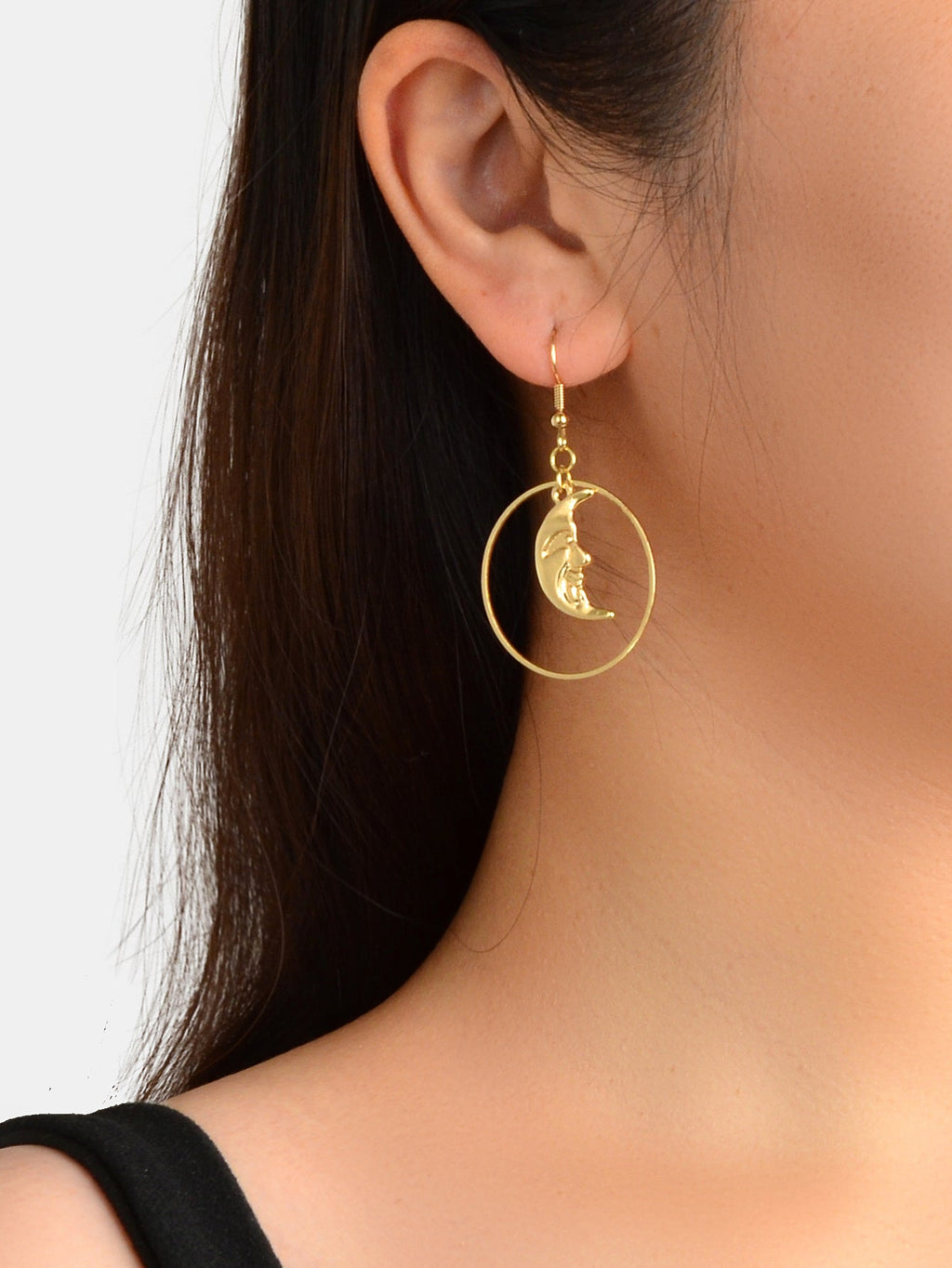 Gold Circle Moon Charm Dangle Earrings Minimalist Party Accessories Jewellery