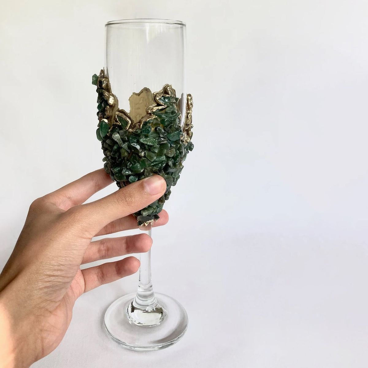 Crystal Champagne Glasses with Dark Green Agate – Set of 1 or 2, 7 oz