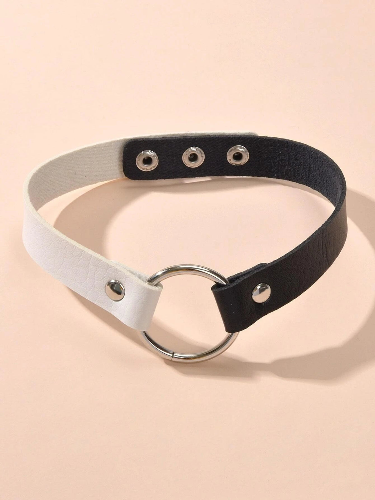 Two-tone PU leather choker, black and white, silver round ring with three rivet snaps