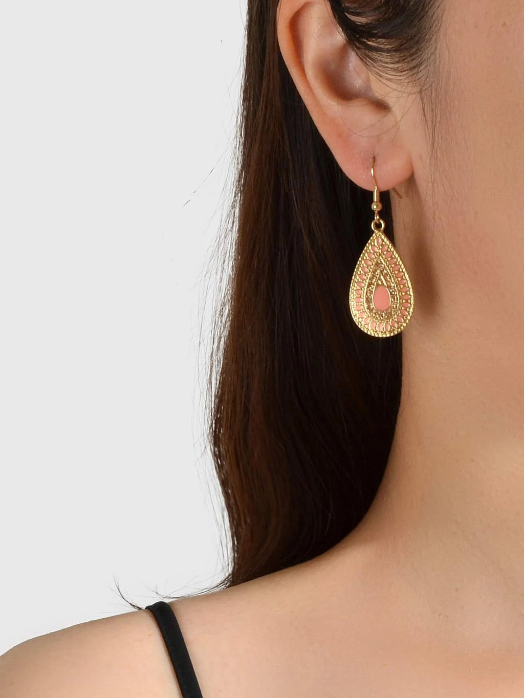 Rhinestone Pink Enamel Water Drop Earrings Teardrop Crystal Dangle Hook Ear Stud