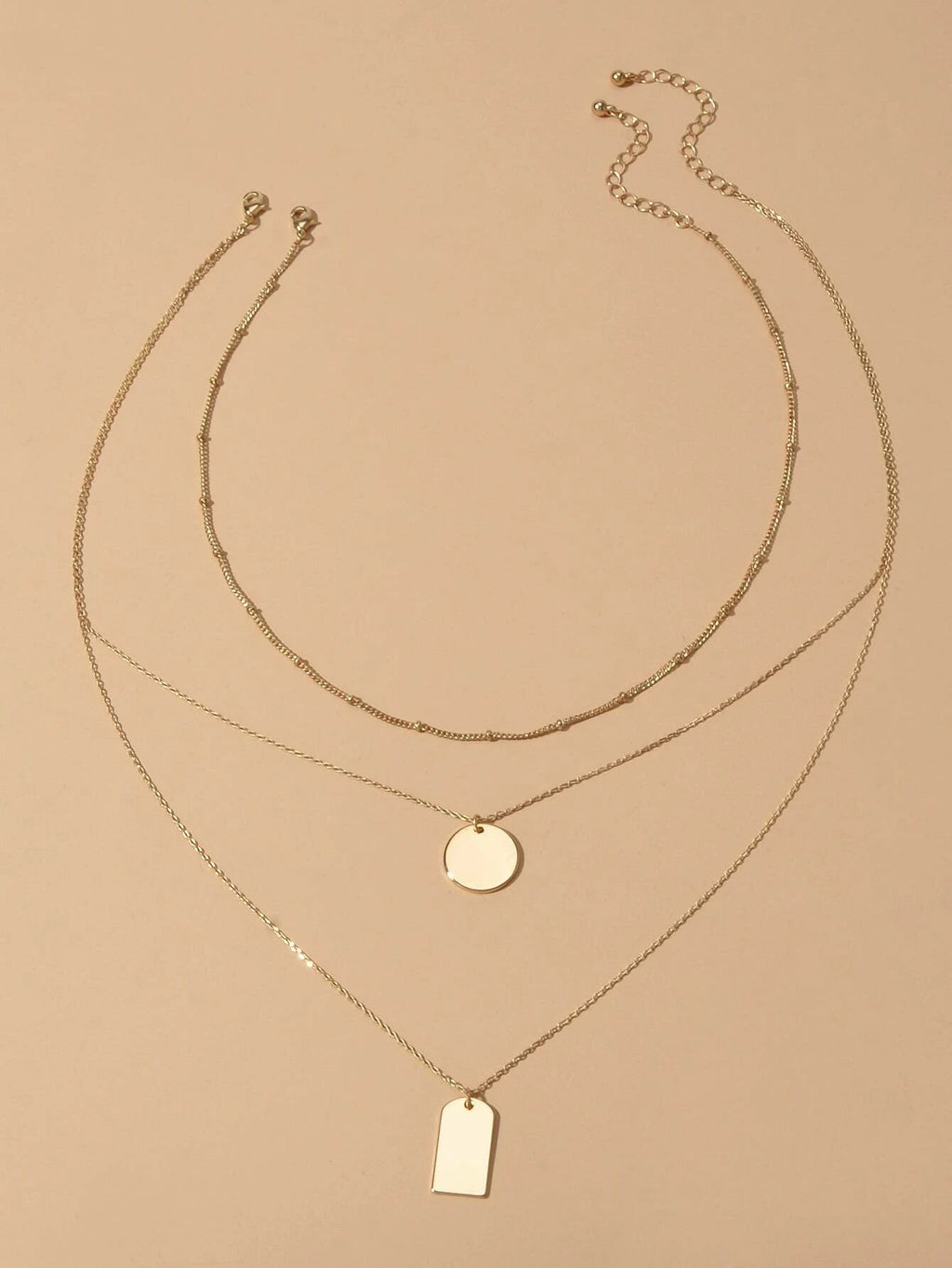 3pcs Multi-layer Gold Tone Chain Round Square Pendant Necklace Girls Teens Gift