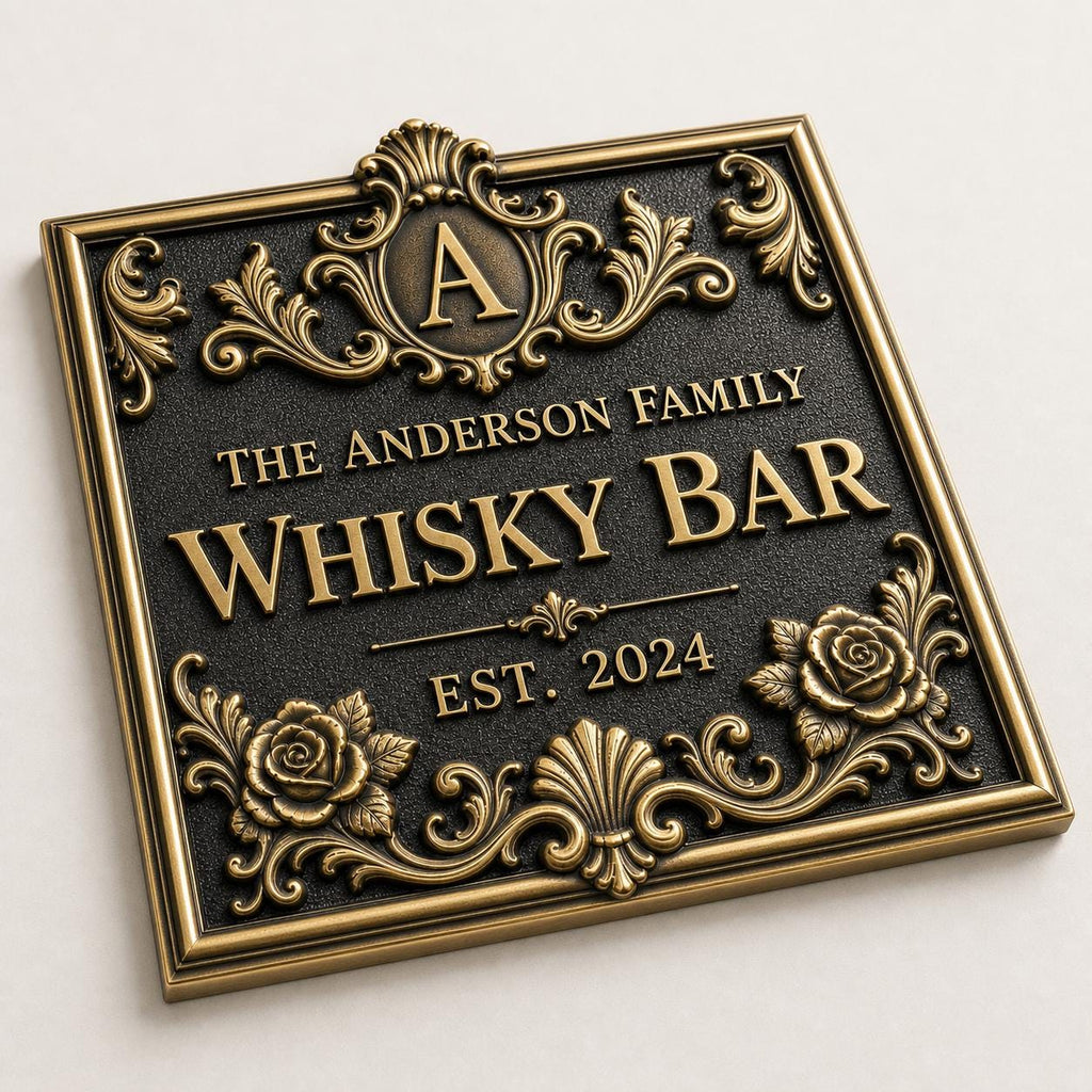 Personalised Home Bar Sign | Antique Brass Whisky Plaque | Custom Wall Decor