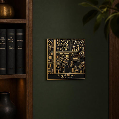 Brass 3D wall map plaque with gold linework; Ajay & Nicole and 08/05/2022