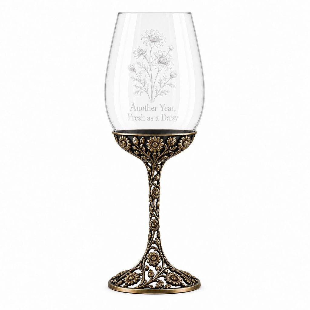 April Daisy Wine Glass, Personalised Birth Flower, Openwork Brass Stem, Custom Etched Gift