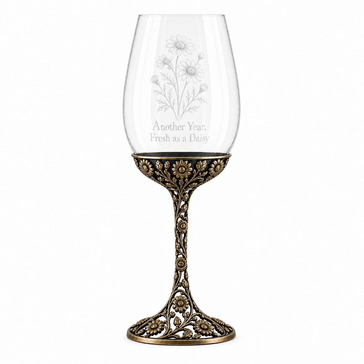 April Daisy Wine Glass, Personalised Birth Flower, Openwork Brass Stem, Custom Etched Gift