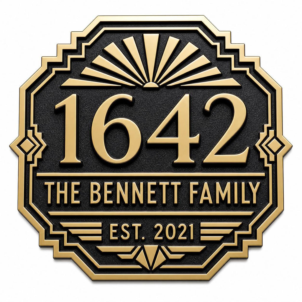 Personalized Address Plaque – Antique Brass Art Deco Sunburst