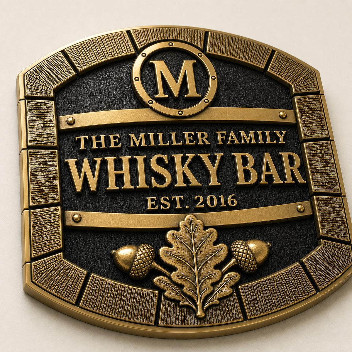 Personalized Home Bar Sign – Antique Brass Barrel Front