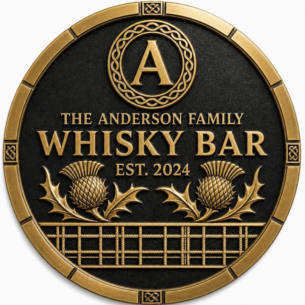 Personalized Home Bar Sign – Antique Brass Thistle, Round