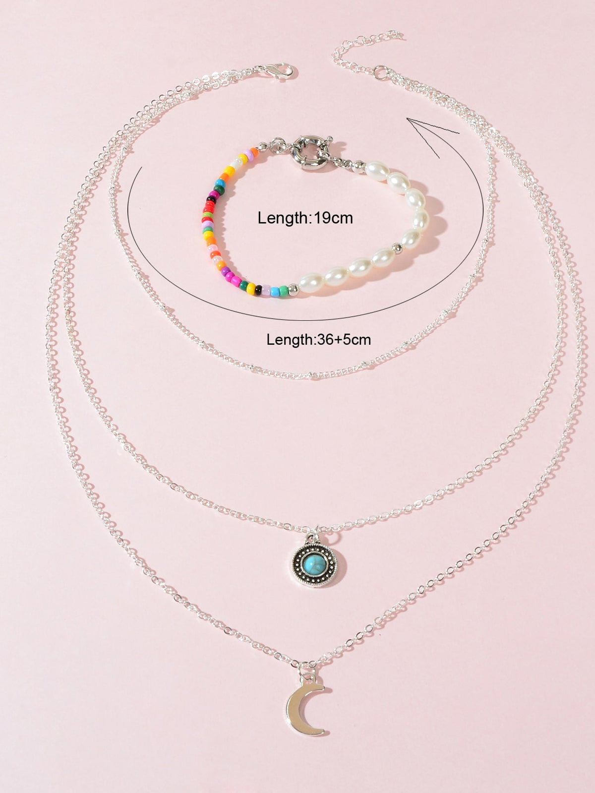 Stylish Silver Multi-Layer Necklace Colourful Beads Bracelet Set Vintage Jewelry