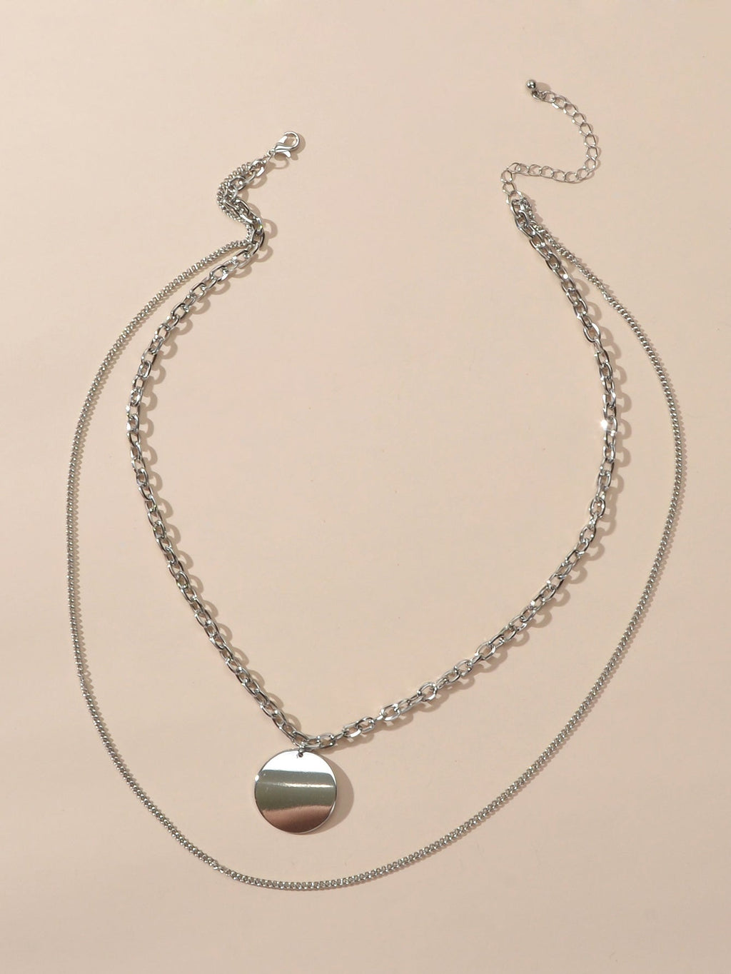 Statement Jewelry Double layer Silver Long Chain Geometric Round Charm Necklace