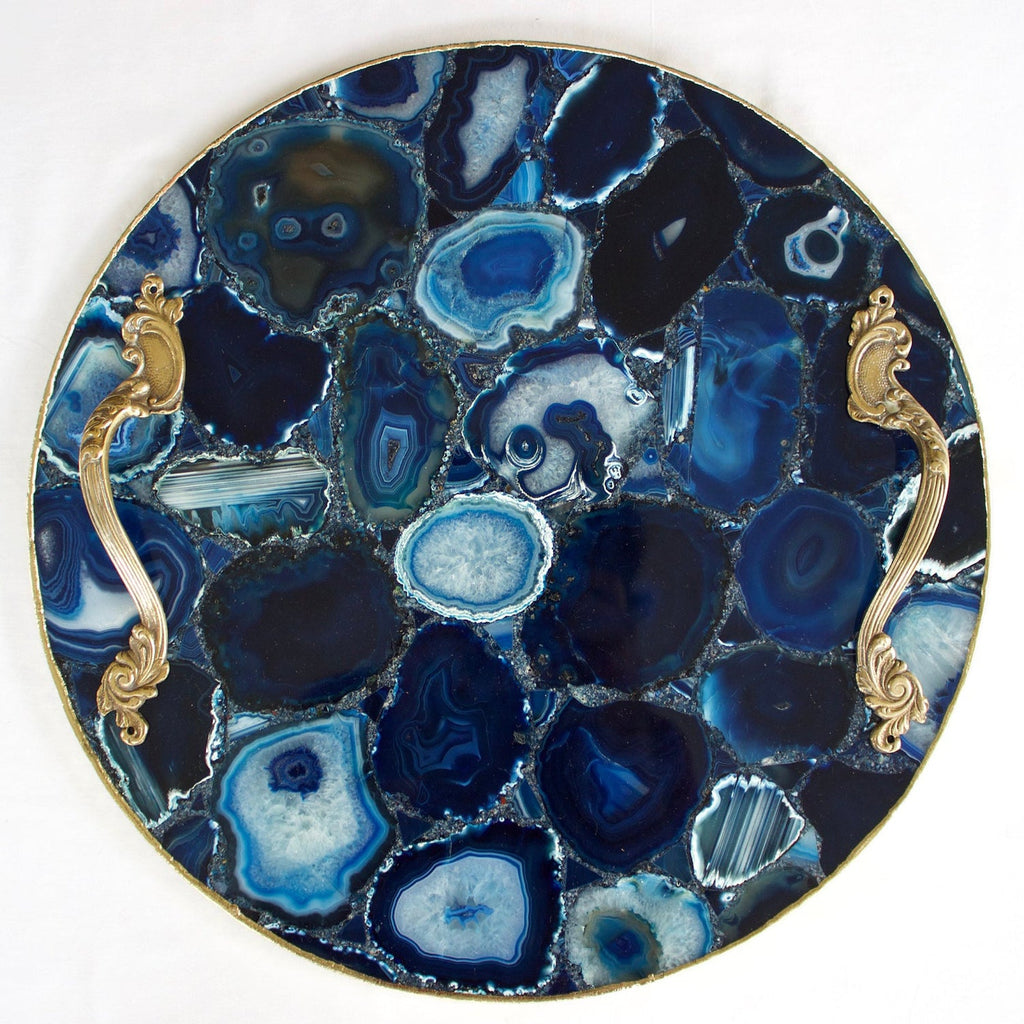 Blue Agate Round Serving Tray with Brass Handles