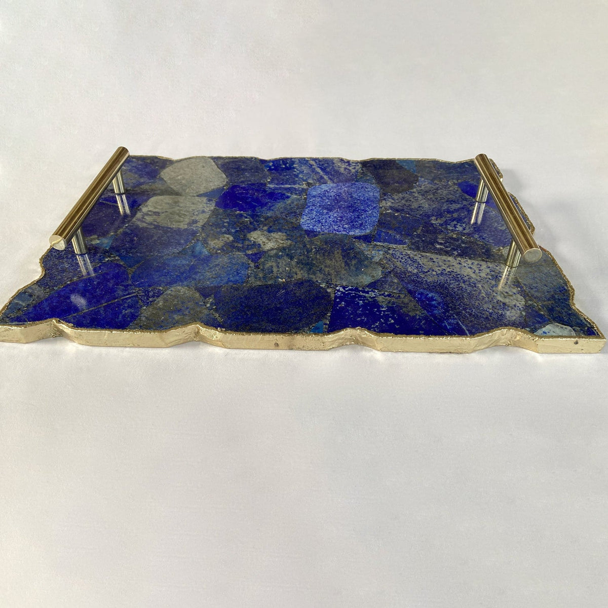 Large Lapis Lazuli Serving Tray With Plain Modern Brass Handles 10"x15"