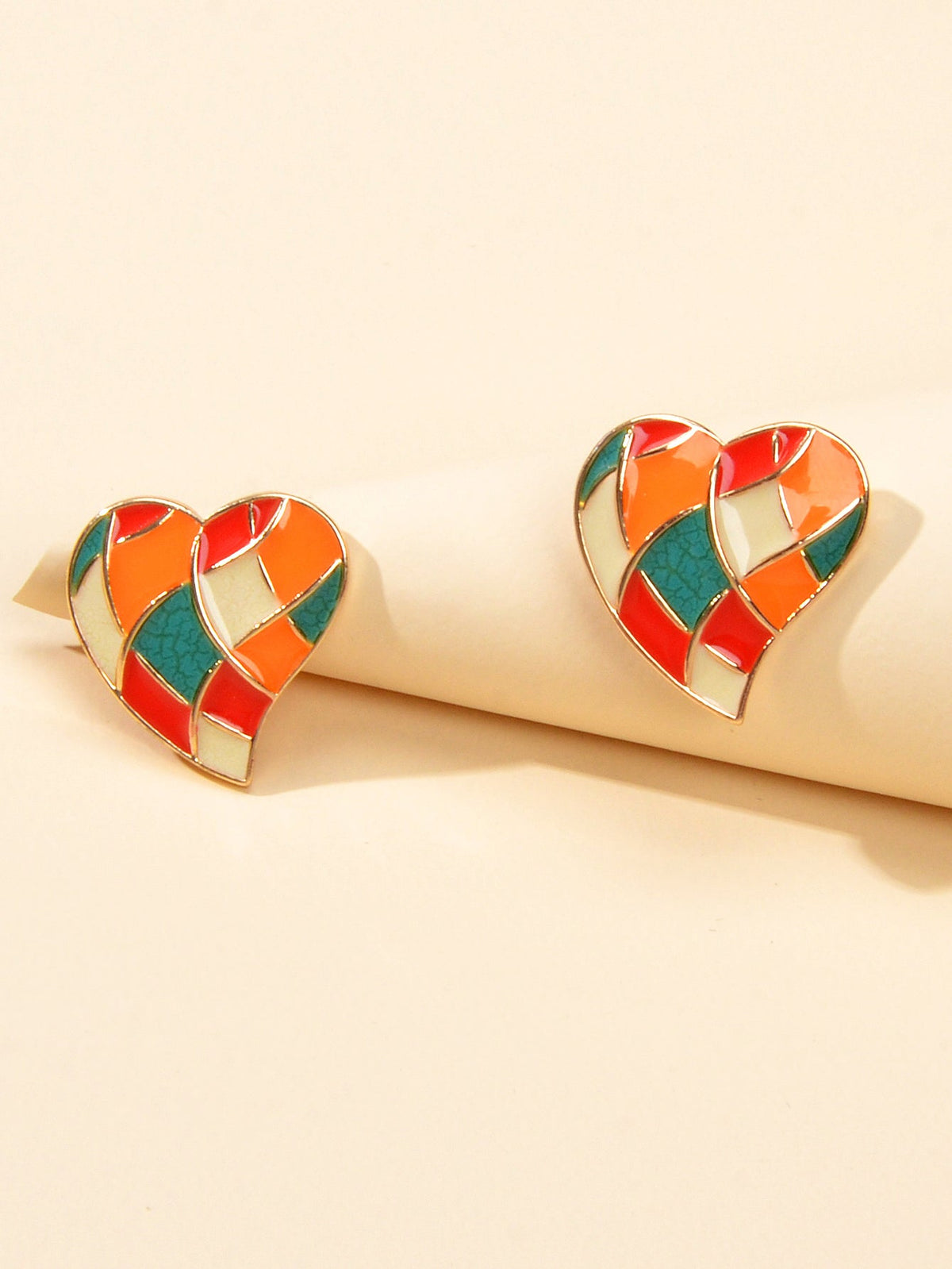 Candy Color Enamel Checkerboard Love Heart Stud Earrings Retro Trendy Accessory