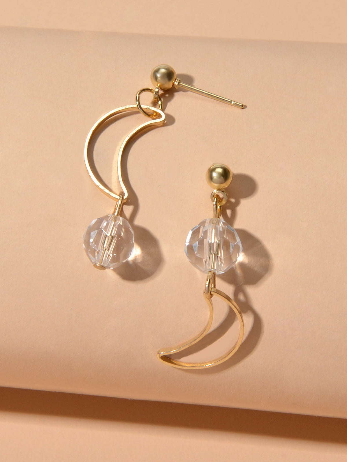 Minimalist Gold Metal Moon Star Transparent Beads Asymmetric Pierced Earrings
