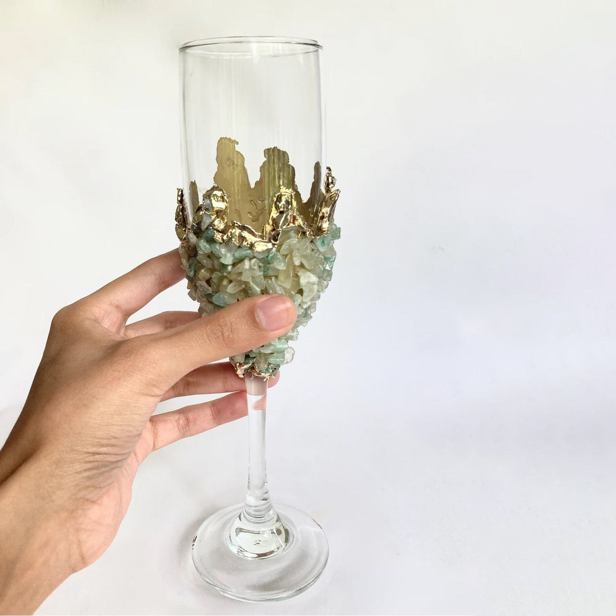 Crystal Champagne Glasses with Light Green Agate – Set of 1 or 2, 7 oz