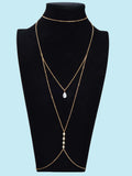 Gold multi-layer body chain with pearl pendant drops and small bead accents